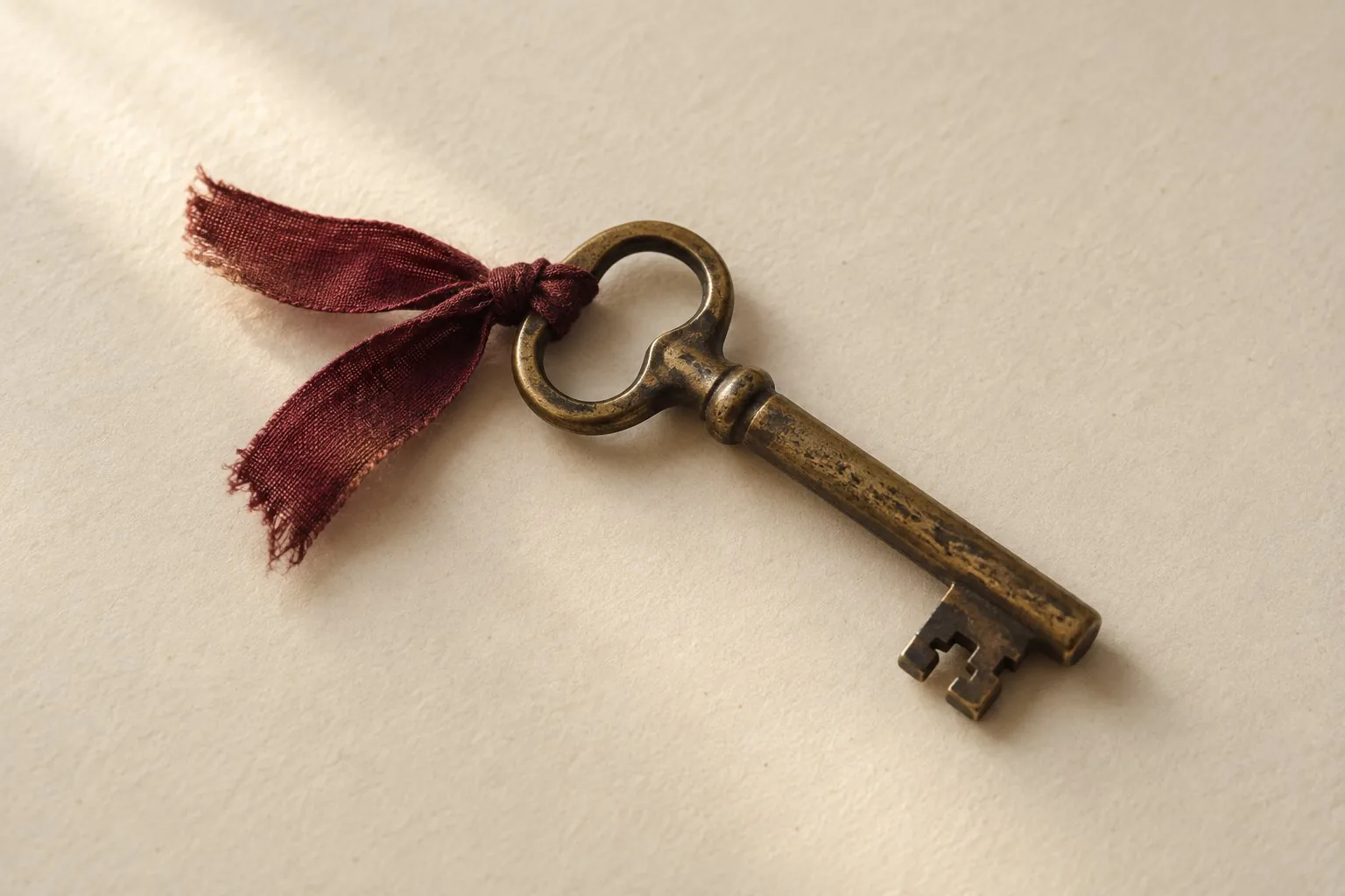 Une clé ancienne nouée d’un ruban bordeaux