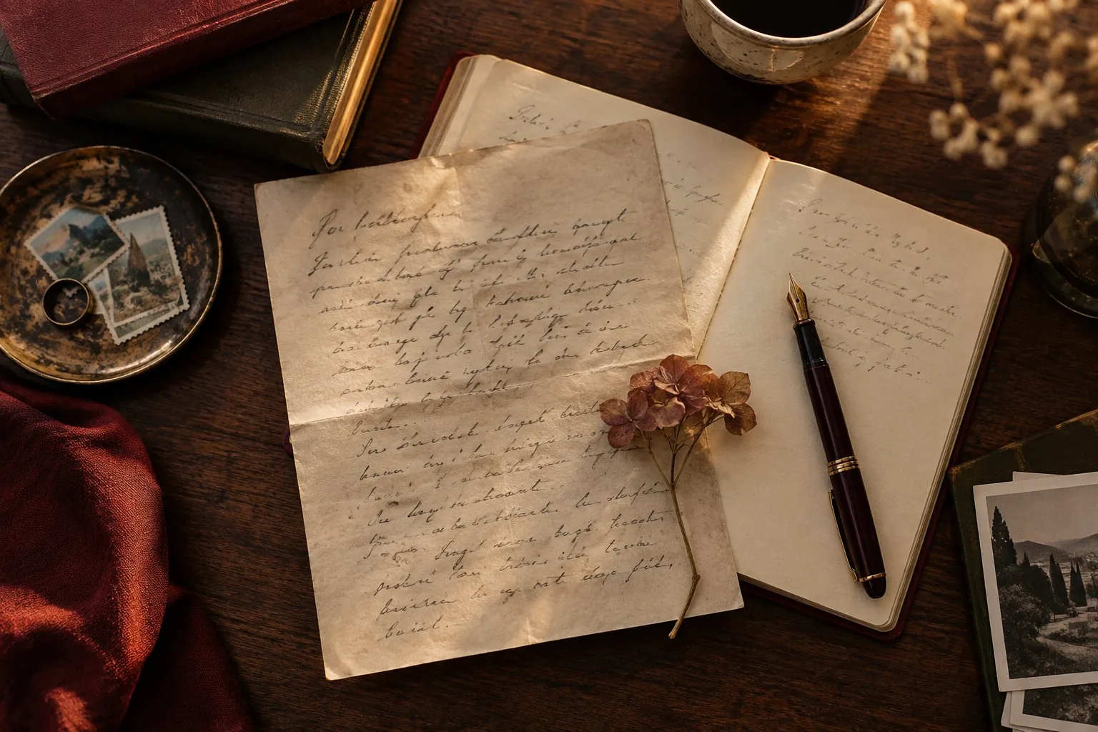 Une lettre manuscrite, une fleur séchée et un carnet ouvert sur un bureau